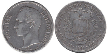 VENEZUELA - K-24 - 5 BOLIVARES 1901 , BC+  plata