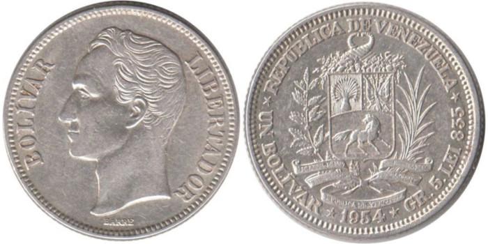 VENEZUELA - K-37 - 1 BOLIVAR 1954 , EBC  plata