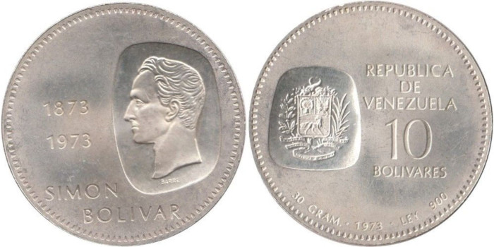 VENEZUELA - K-45 - 10 BOLIVAR 1973 , SC  plata
