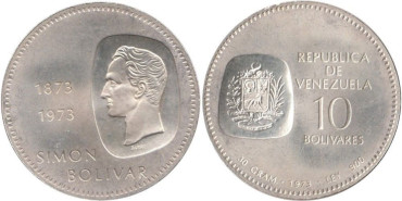 VENEZUELA - K-45 - 10 BOLIVAR 1973 , SC  plata