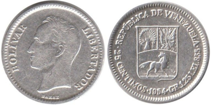 VENEZUELA - K-36 - 50 CENTIMOS 1954 , MBC  plata