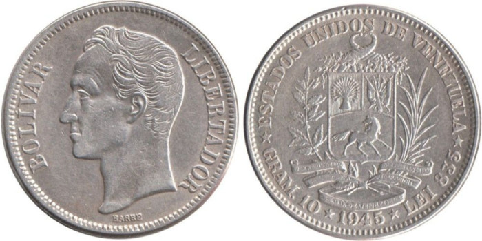 VENEZUELA - K-23a - 2 BOLIVARES 1945 , MBC  plata