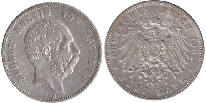 ALEMANIA ESTADOS - SAXONY K-1246-  5 MARCOS 1901, MBC+ Plata