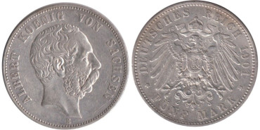 ALEMANIA ESTADOS - SAXONY K-1246-  5 MARCOS 1901, MBC+ Plata