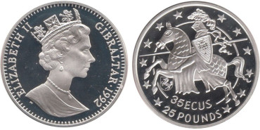 GIBRALTAR - K-0625 - 35 ECUS - 25 LIBRAS 1992 , PROOF