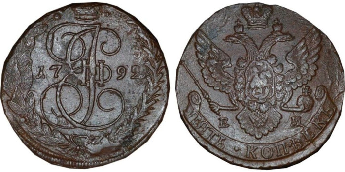 RUSIA - IMPERIO - K-059.3 - 5 KOPEKS 1792 EM - EBC