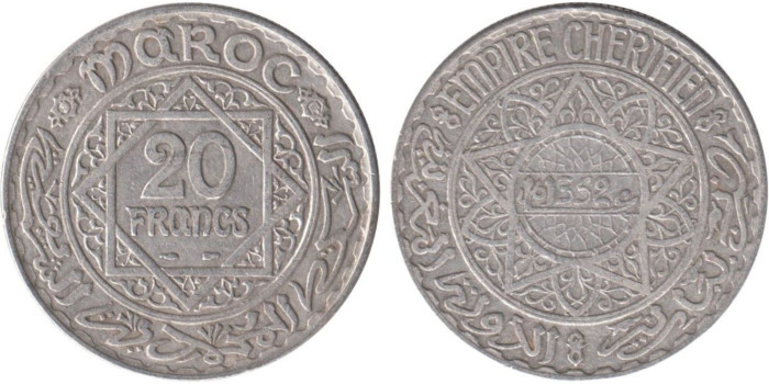 MARRUECOS - K-039 - 20 FRANCOS 1352, MBC+  plata