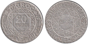 MARRUECOS - K-039 - 20 FRANCOS 1352, MBC+  plata