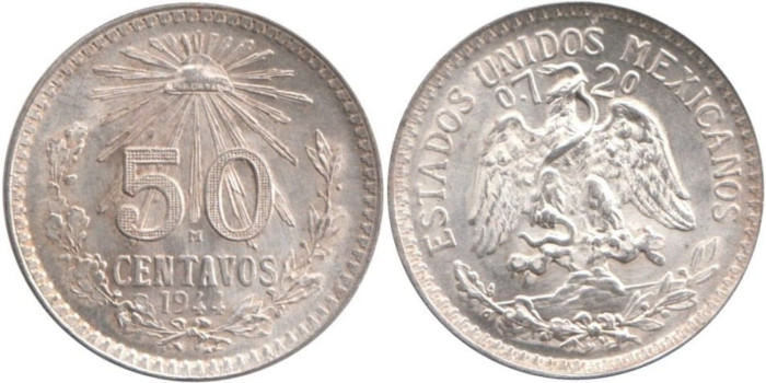 MEXICO - K-447, 50 CENTAVOS 1944,  EBC plata