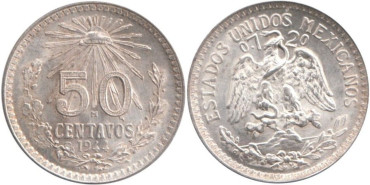 MEXICO - K-447, 50 CENTAVOS 1944,  EBC plata