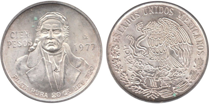 MEXICO - K-483-1 - 100 PESO 1977 , SC  plata