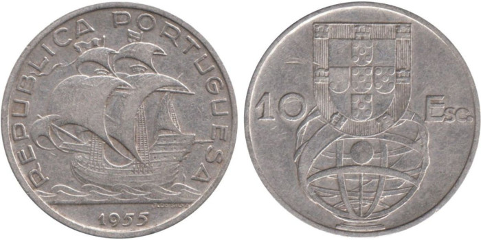 PORTUGAL - K-586 - 10 ESCUDOS 1955 ,MBC  plata