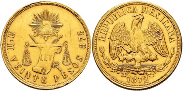 MEXICO K-414.6 - 20 PESOS 1872 Mexico MºM - oro