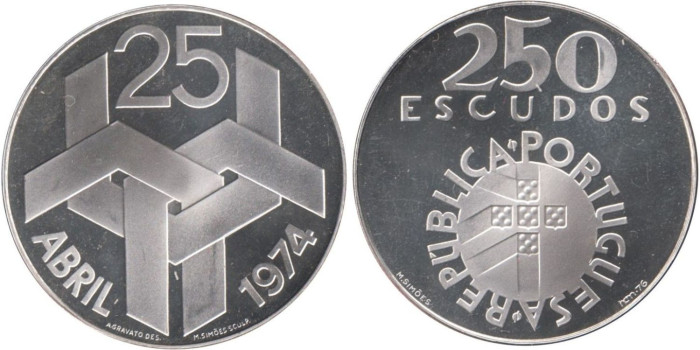 PORTUGAL - K-604 - 250 ESCUDOS 1974, PROOF plata
