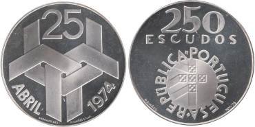 PORTUGAL - K-604 - 250 ESCUDOS 1974, PROOF plata