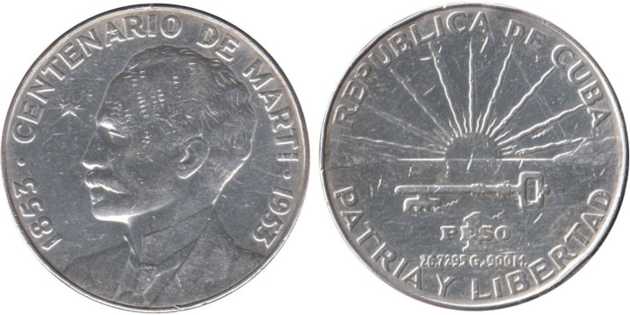 CUBA - K-029 - 1 PESO 1953 , MBC  plata