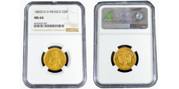 MEXICO K-412.2 - 5 PESOS 1882 Cn.D - MS64 NGC