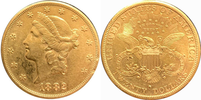 EE.UU  K-074.3.-  20 DOLLAR 1882 s Liberty Head. ORO