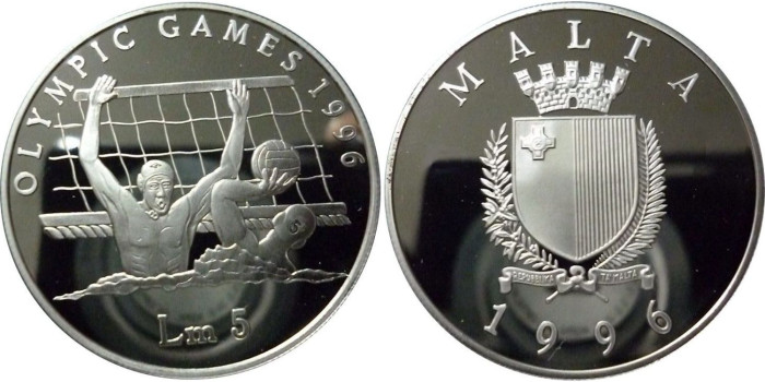 MALTA  K-110 - 5 LIRAS 1995 WATERPOLO - PLATA PROOF