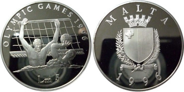 MALTA  K-110 - 5 LIRAS 1995 WATERPOLO - PLATA PROOF