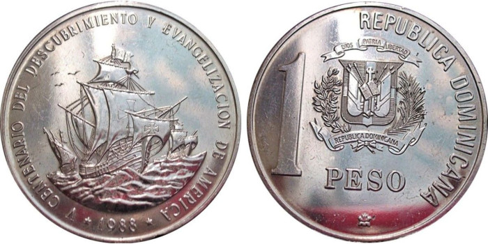 REPUBLICA DOMINICANA - K-066 - 1 PESO 1988 "V CENTENARIO"