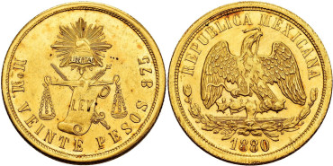 MEXICO K-414.6 - 20 PESOS 1880 Mexico MºM - oro
