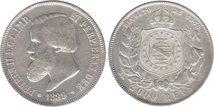 BRASIL  K-485.-  2000 REIS 1889  EBC- PLATA