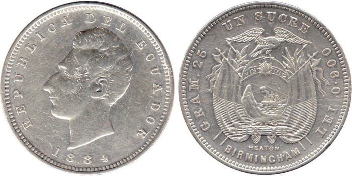 ECUADOR - K-053.-   1 SUCRE 1884.  MBC - PLATA