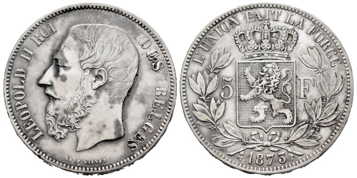 BELGICA - K-024-2.- 5 FRANCOS 1873 - MBC+