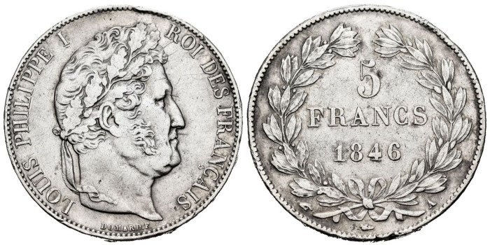 FRANCIA - K-0749 - 5 FRANCOS 1846 A - MBC+