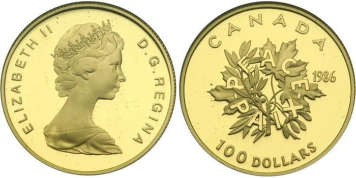 CANADA  K-0152.- 100 DOLLAR 1986 PAZ. PROOF - 1/2 ONZA ORO