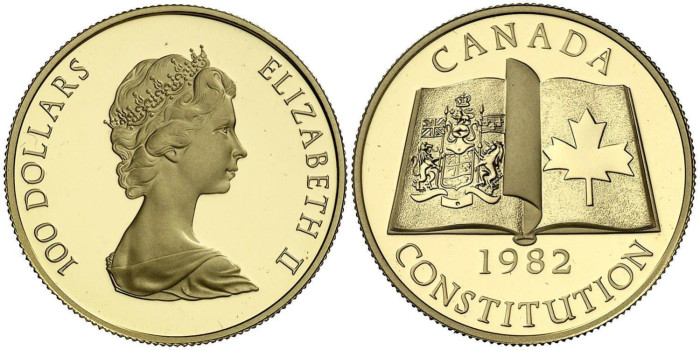 CANADA  K-0137.- 100 DOLLAR 1982 CONSTITUCION. PROOF - 1/2 ONZA ORO