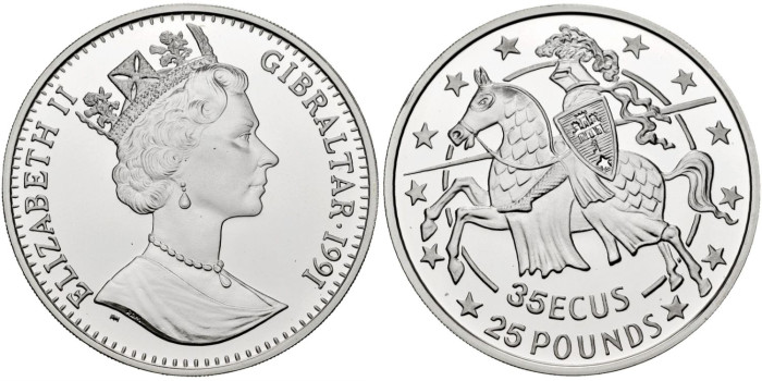 GIBRALTAR - K-0338 -35 ECUS 1991 - PROOF