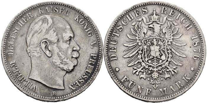 ALEMANIA ESTADOS - PRUSIA - K-503 - 5 MARCOS 1876 B  - MBC