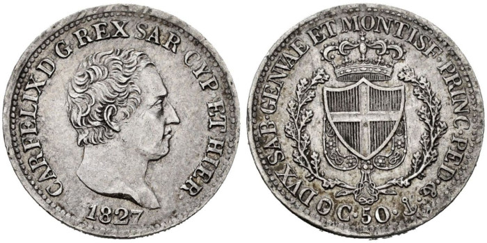 ITALIA - ESTADOS - K-124 - 50 CENTIMOS 1827 - SARDINA -MBC+