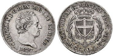 ITALIA - ESTADOS - K-124 - 50 CENTIMOS 1827 - SARDINA -MBC+
