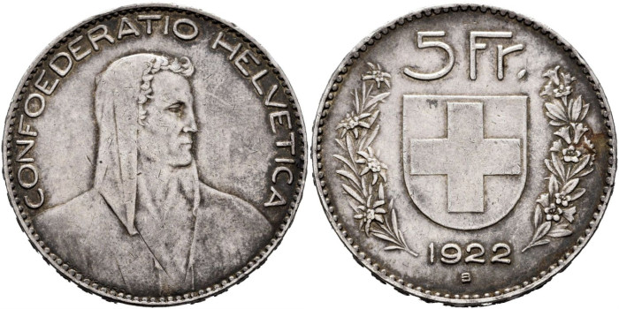SUIZA - K-037 - 5 FRANCOS 1922 B - MBC+