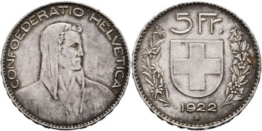SUIZA - K-037 - 5 FRANCOS 1922 B - MBC+