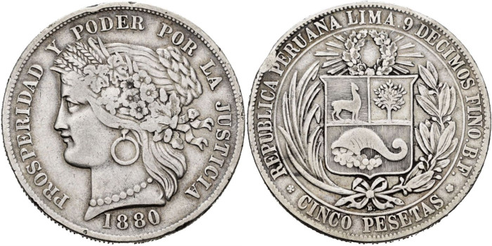 PERU - K-201.1 - 5 PESETAS 1880 B.F.  - MBC-