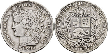 PERU - K-201.1 - 5 PESETAS 1880 B.F.  - MBC-