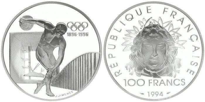 FRANCIA - K-1047- 100 FRANCOS. DISCO  PROOF - PLATA