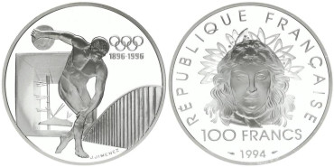 FRANCIA - K-1047- 100 FRANCOS. DISCO  PROOF - PLATA