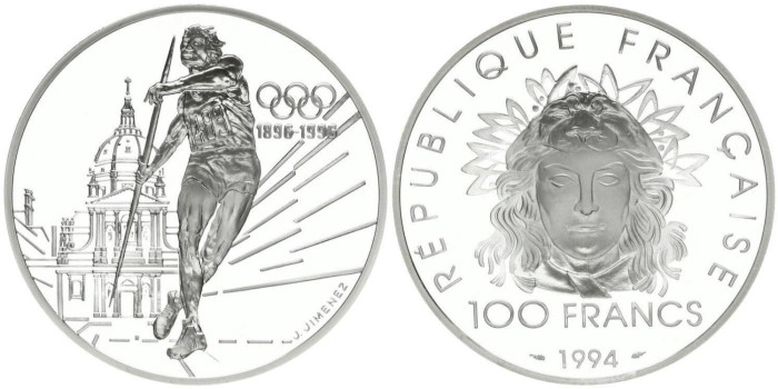 FRANCIA - K-1048- 100 FRANCOS.  JABALINA  PROOF - PLATA