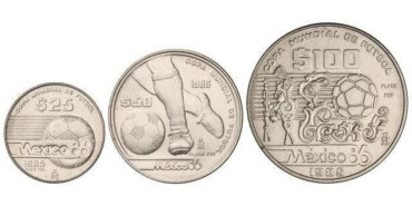 MEXICO - K-497/9a - 25 - 50 y 100 pesos 1985 MUNDIAL FUTBOL. SC  plata