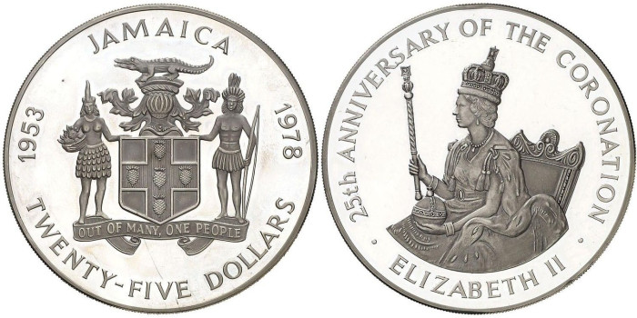 JAMAICA - K-076.- 25 DÓLAR 1978. 25th ANIVERSARIO. PLATA - PROOF