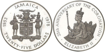 JAMAICA - K-076.- 25 DÓLAR 1978. 25th ANIVERSARIO. PLATA - PROOF