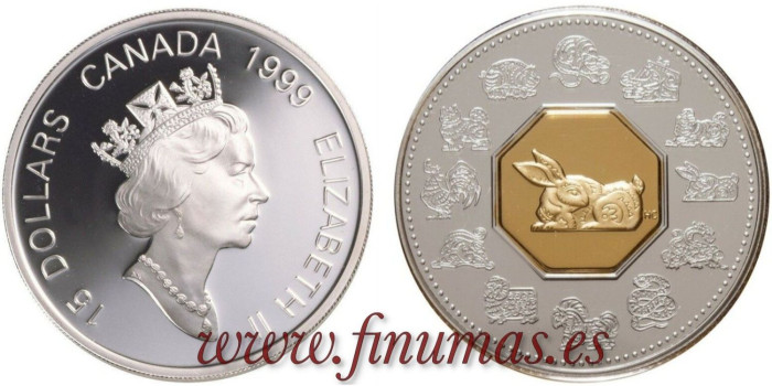 CANADA - K-0331.- 15 DOLLARS. AÑO DEL CONEJO. PROOF BIMETALICA- PLATA