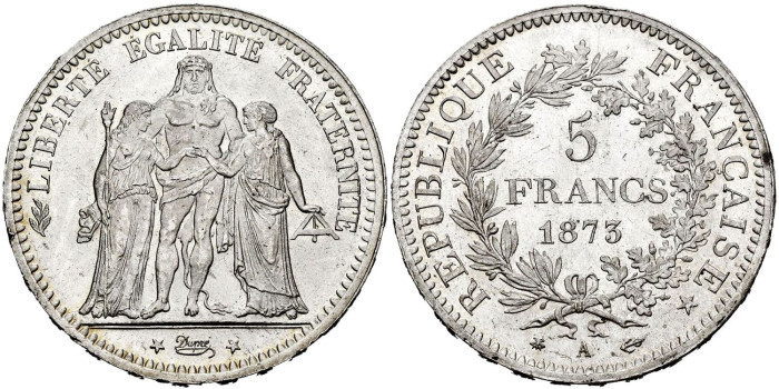 FRANCIA - K-0820.- 5 FRANCOS 1873 A. SC - PLATA