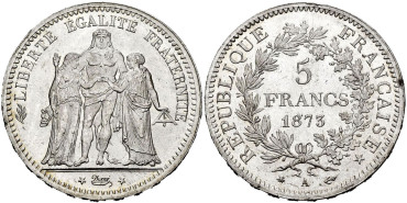 FRANCIA - K-0820.- 5 FRANCOS 1873 A. SC - PLATA