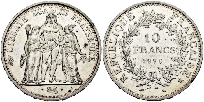 FRANCIA - K-0932.- 10 FRANCOS 1970 SC - PLATA
